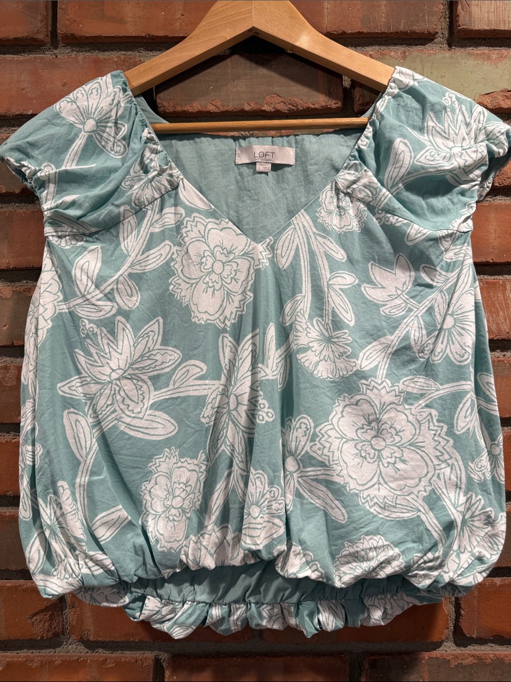 LOFT Seafoam Floral V-Neck balloon top.
